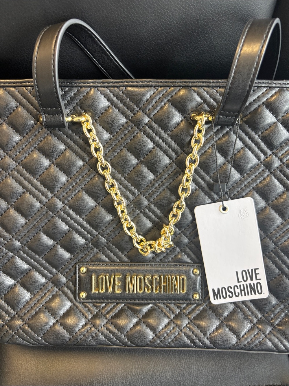 Love Moschino Black Quilted Tote with Gold Chain Accent